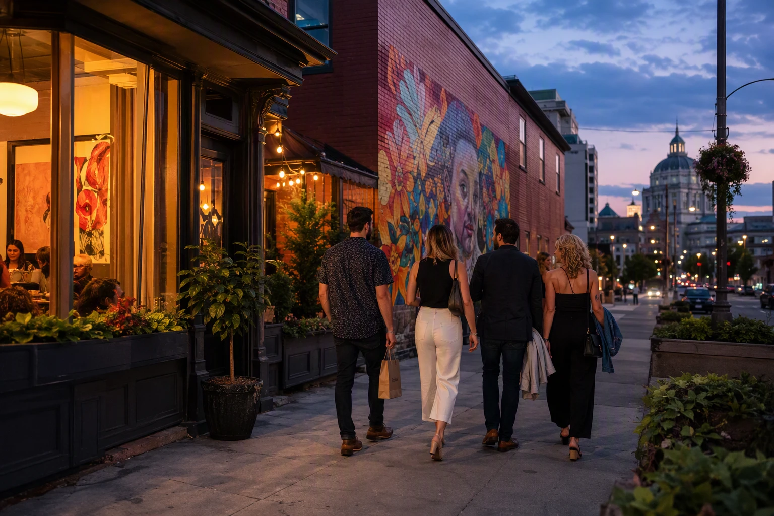 Friends strolling Harrisburg’s SoMa murals after evening dining