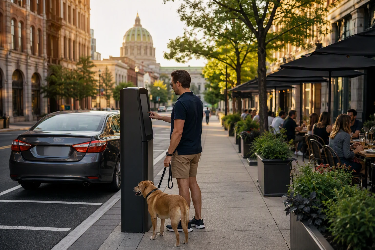 Dog owner consulting parking kiosk near Harrisburg sidewalk café