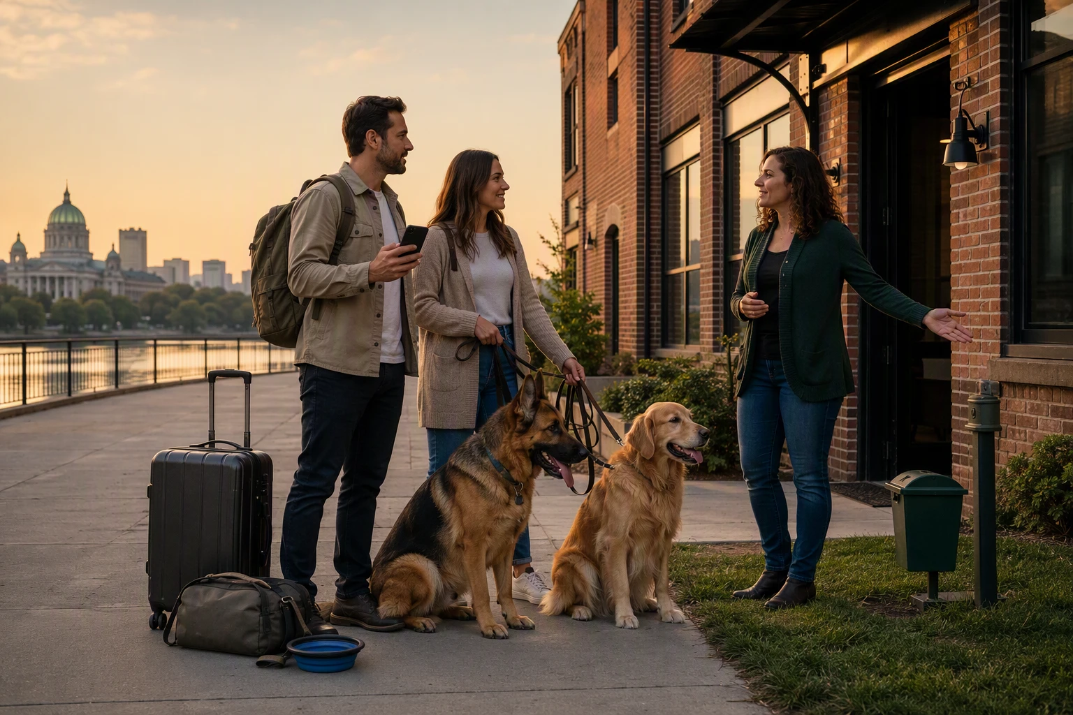 Host consulting with dogs before riverfront rental stay