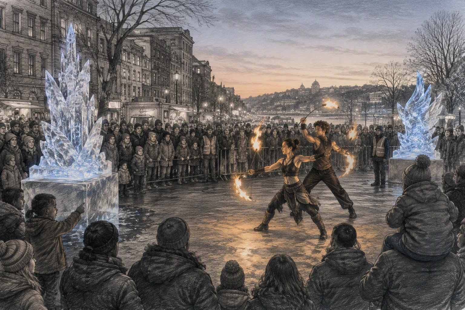 Families enjoy fire dancers beside Kipona ice sculptures