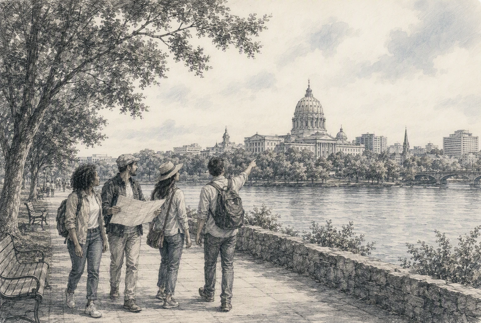 Visitors exploring Harrisburg Riverfront Park with Capitol dome view