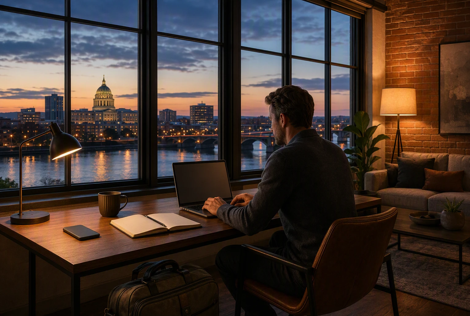 Business traveler working in loft by Harrisburg riverfront at dusk