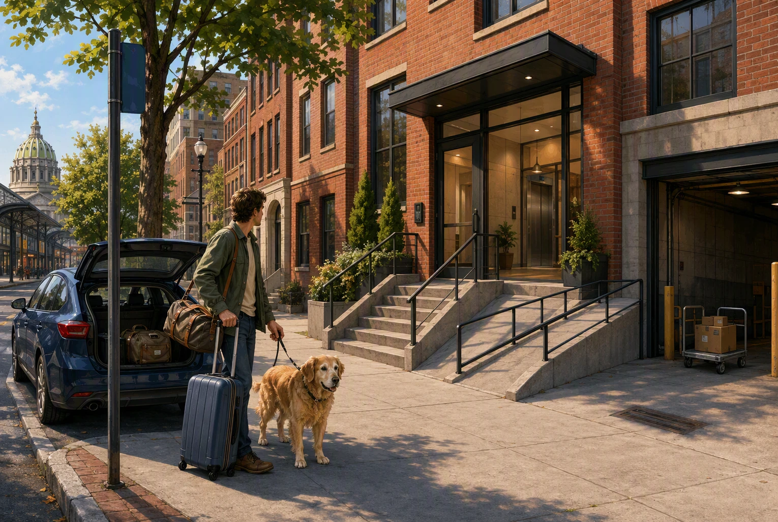 Traveler assessing loft entry with luggage and leashed dog