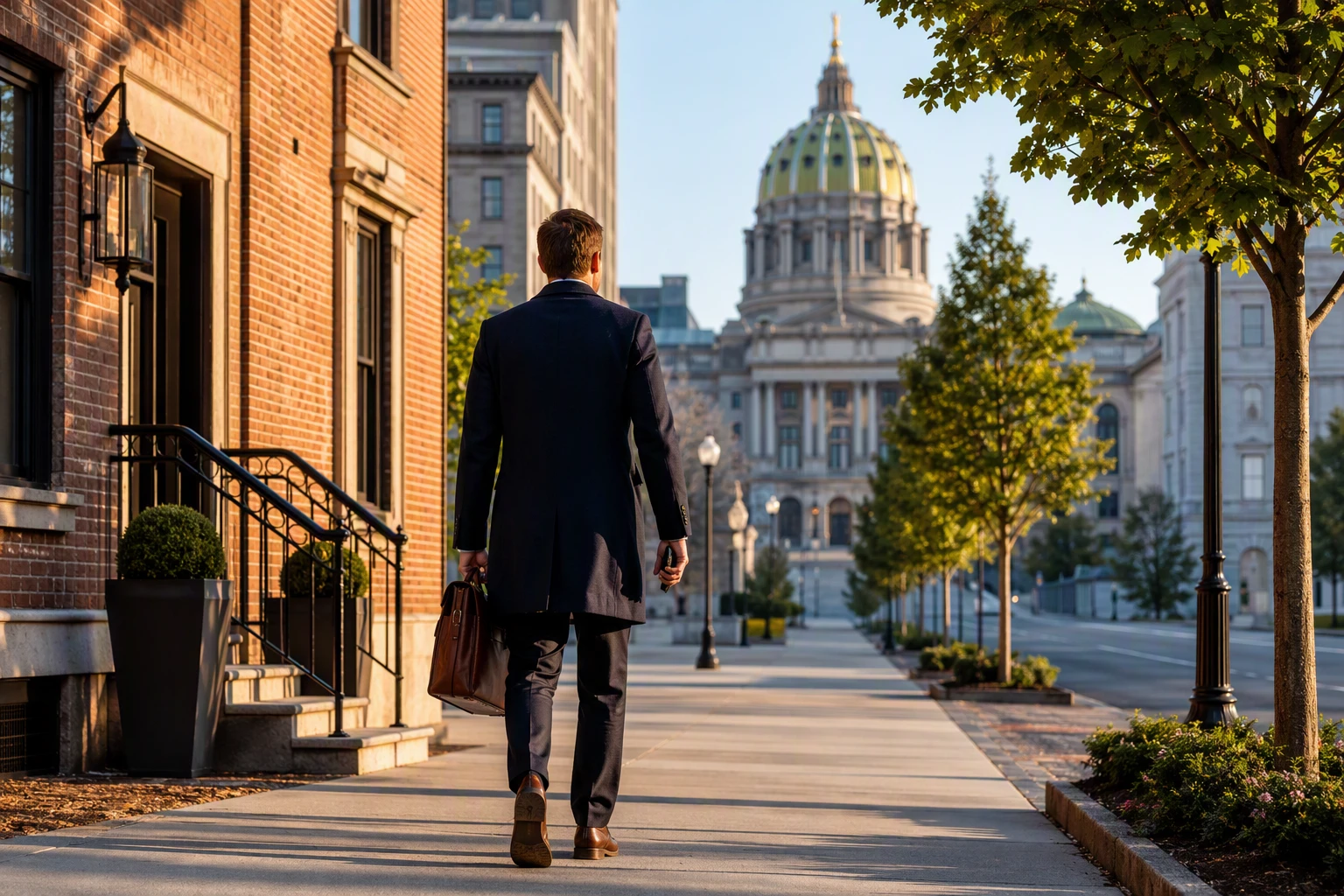 Business traveler strides toward Capitol from downtown Harrisburg loft