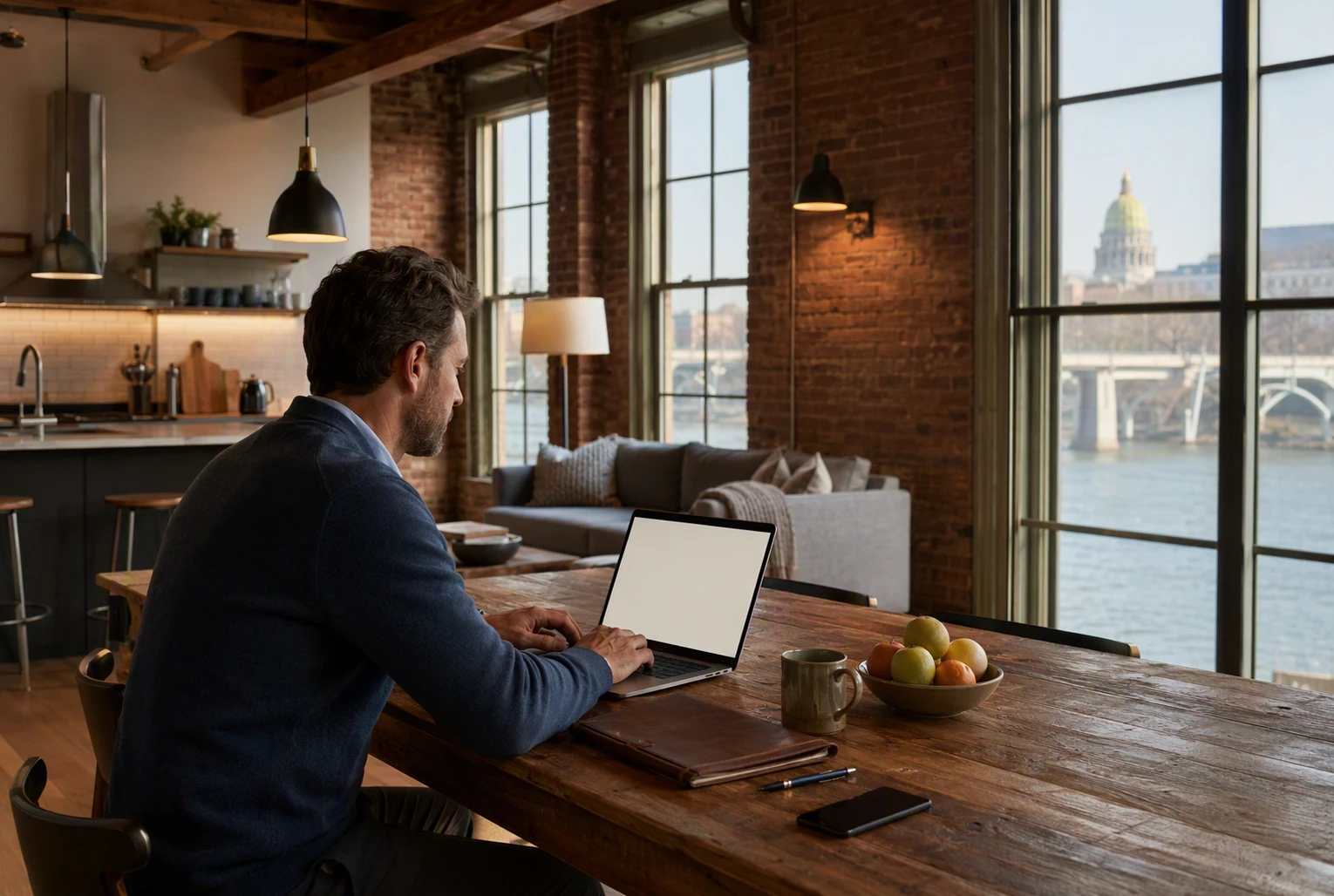 Business traveler working in Harrisburg riverfront loft