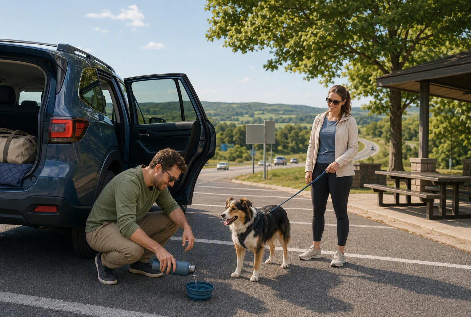 A dog owner refills water at a Pennsylvania rest stop before the Harrisburg trip