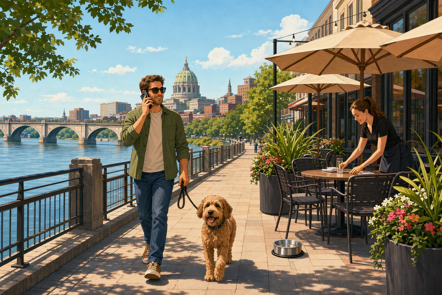 Dog strolls along Susquehanna River toward downtown patio lunch