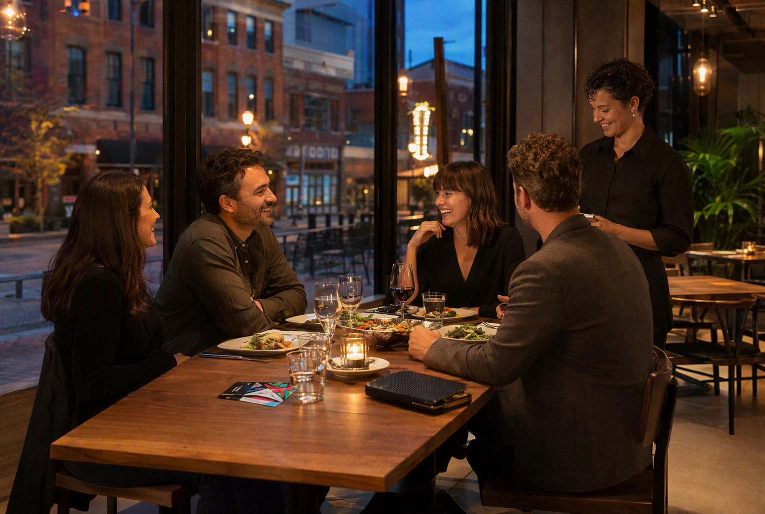 Friends enjoy early dinner downtown before concert time
