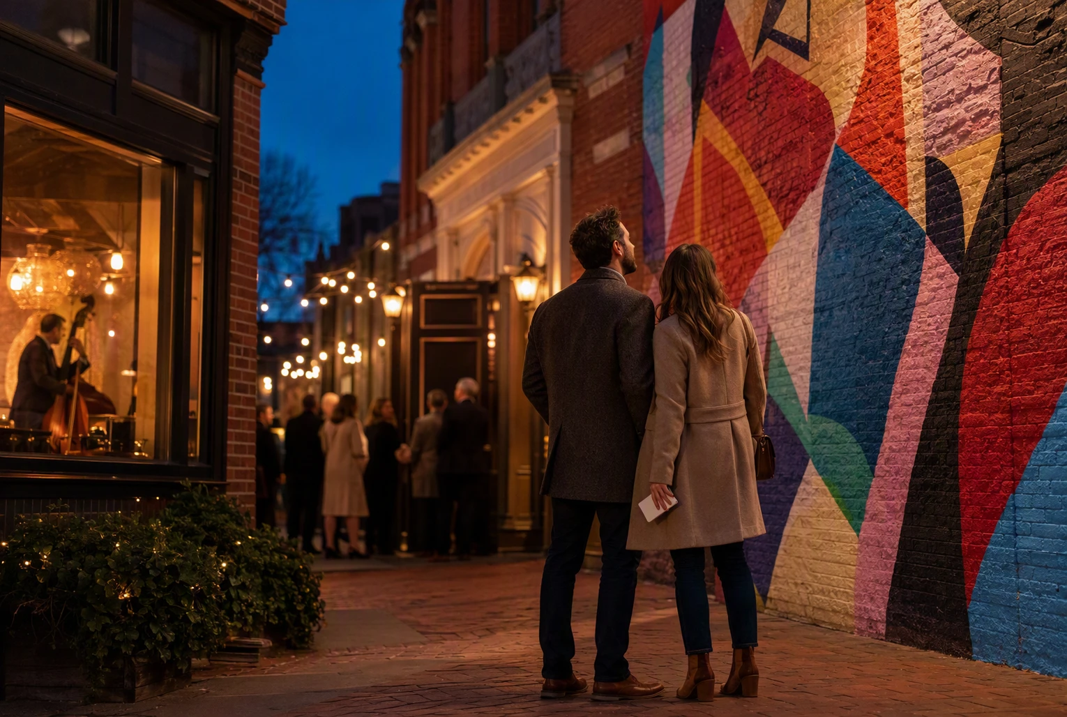 Couple admires vibrant mural in Harrisburg Arts District dusk glow