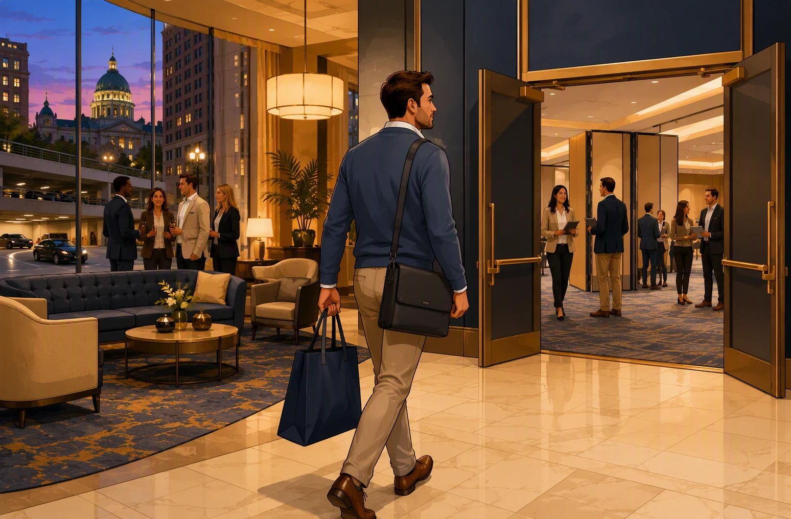 Conference attendee steps toward downtown meeting rooms at Hilton Harrisburg