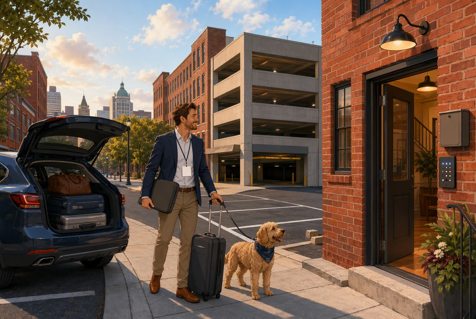 Conference guest checking parking details with pet outside urban loft