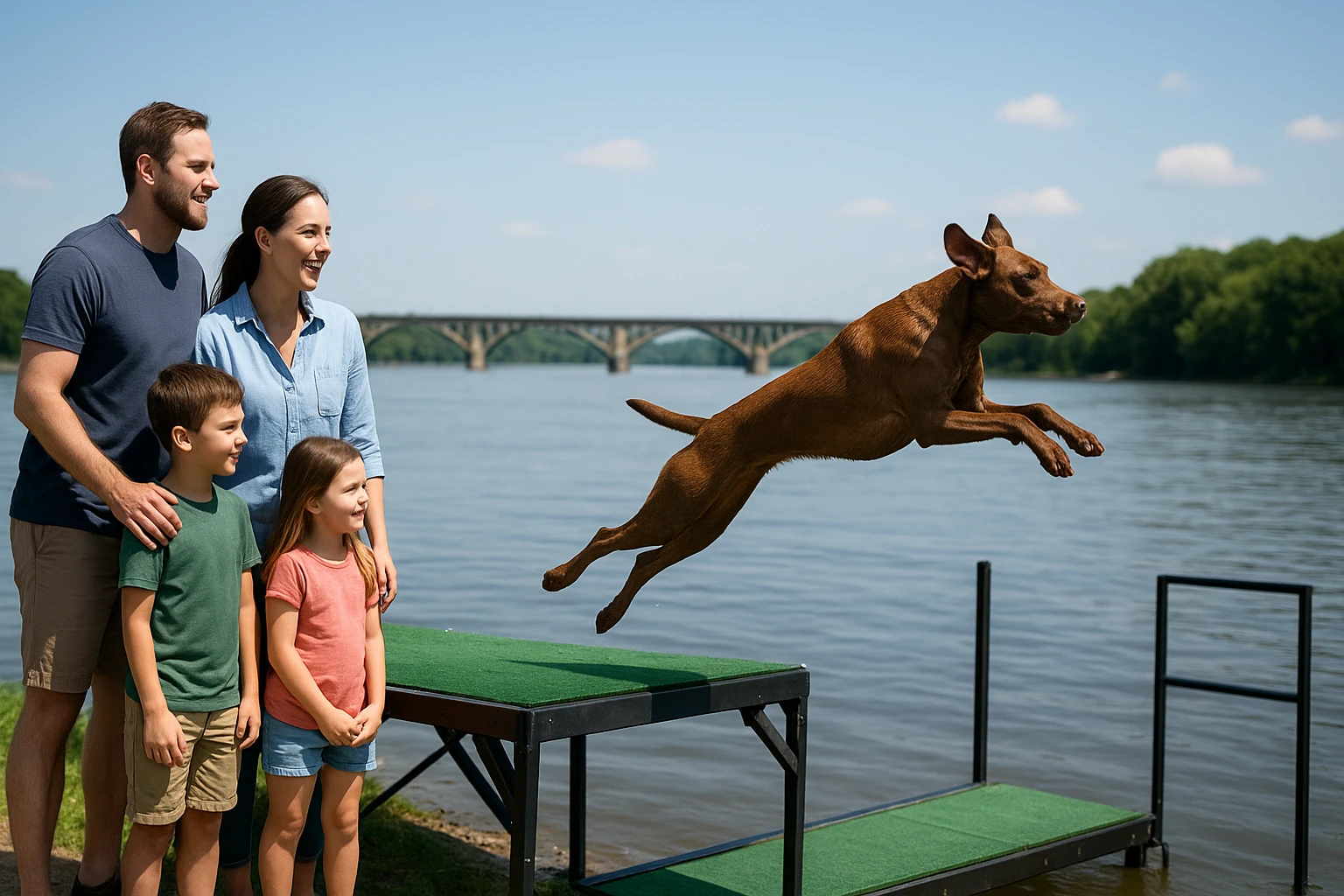 Une famille regarde un événement de chiens de quai au bord de la rivière Susquehanna