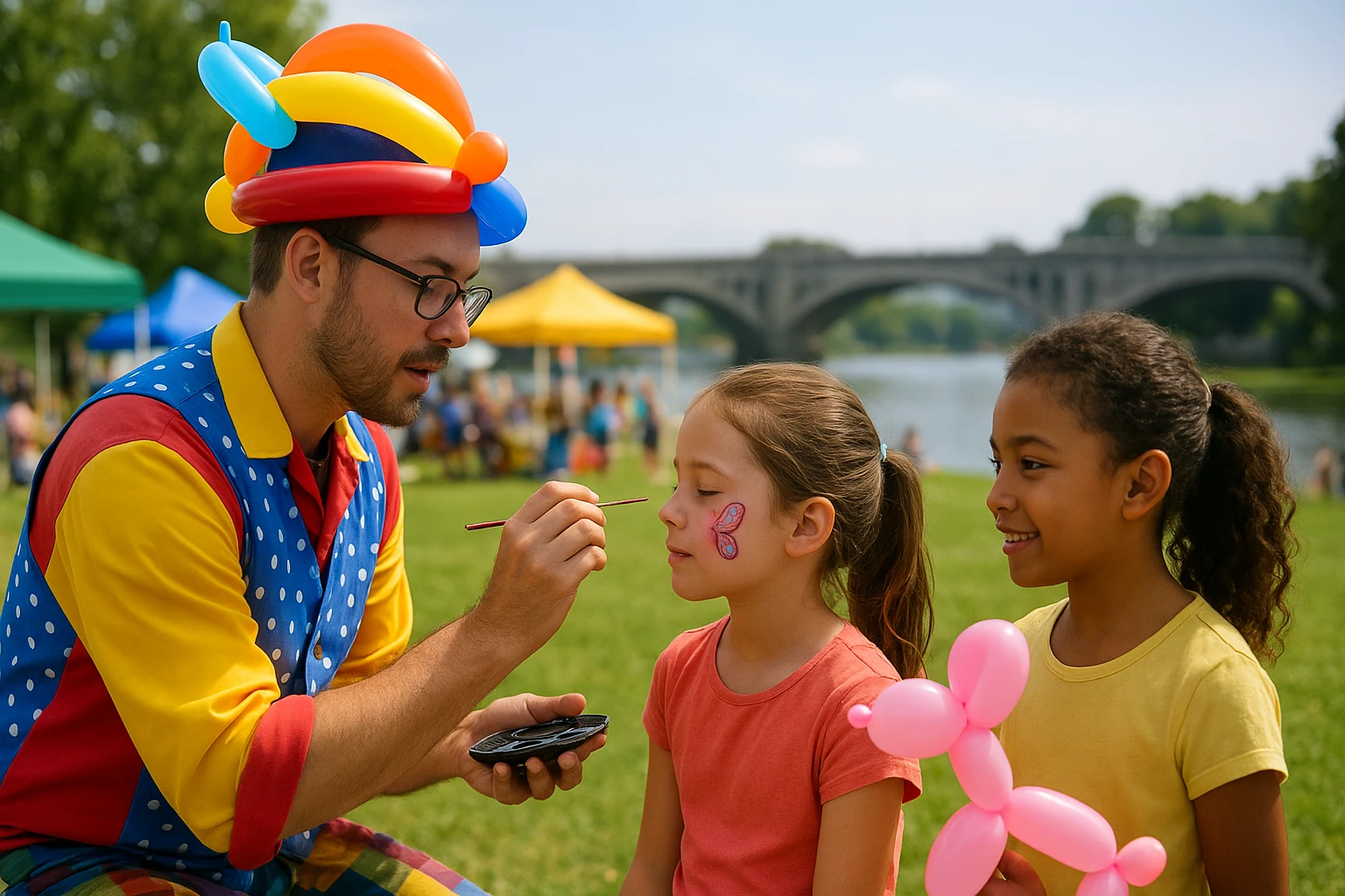 Des enfants profitent du maquillage à côté d'un artiste modeleur de ballons au festival
