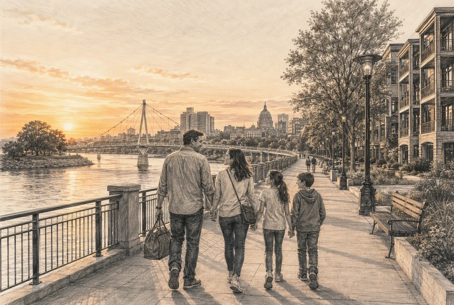 Family strolls along Harrisburg Riverfront at dusk