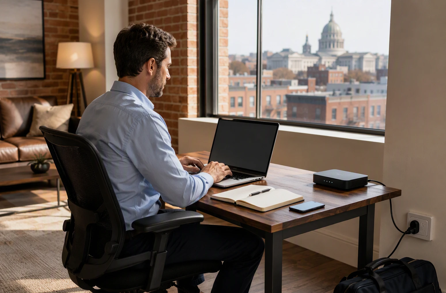 Sunlit desk workspace with laptop and strong Wi-Fi signal in Harrisburg loft