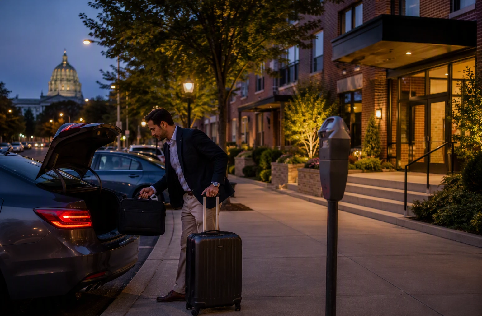 Business traveler loading luggage beside metered parking in Midtown Harrisburg at dusk