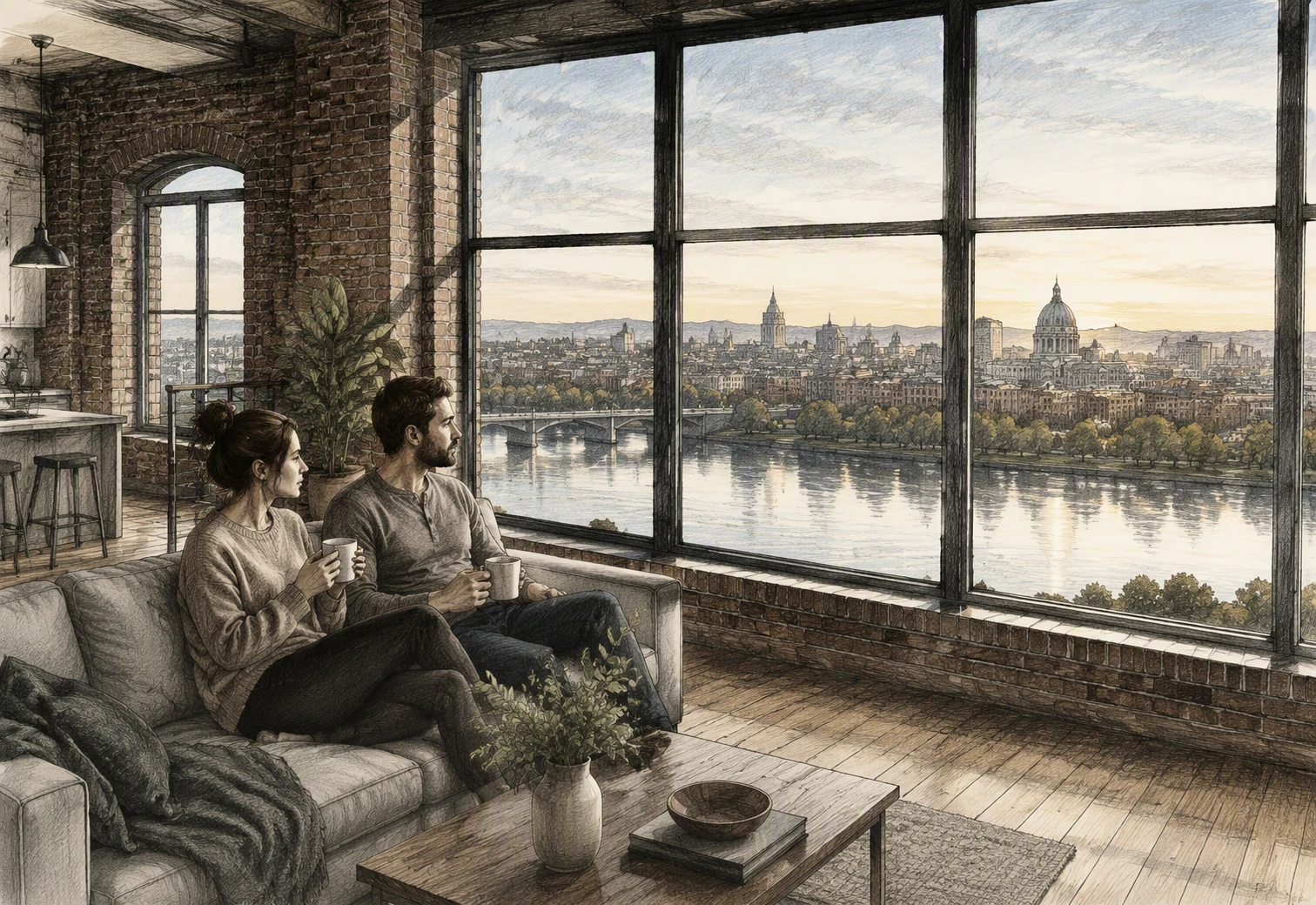 Pareja disfrutando de un café junto a las ventanas del río Susquehanna