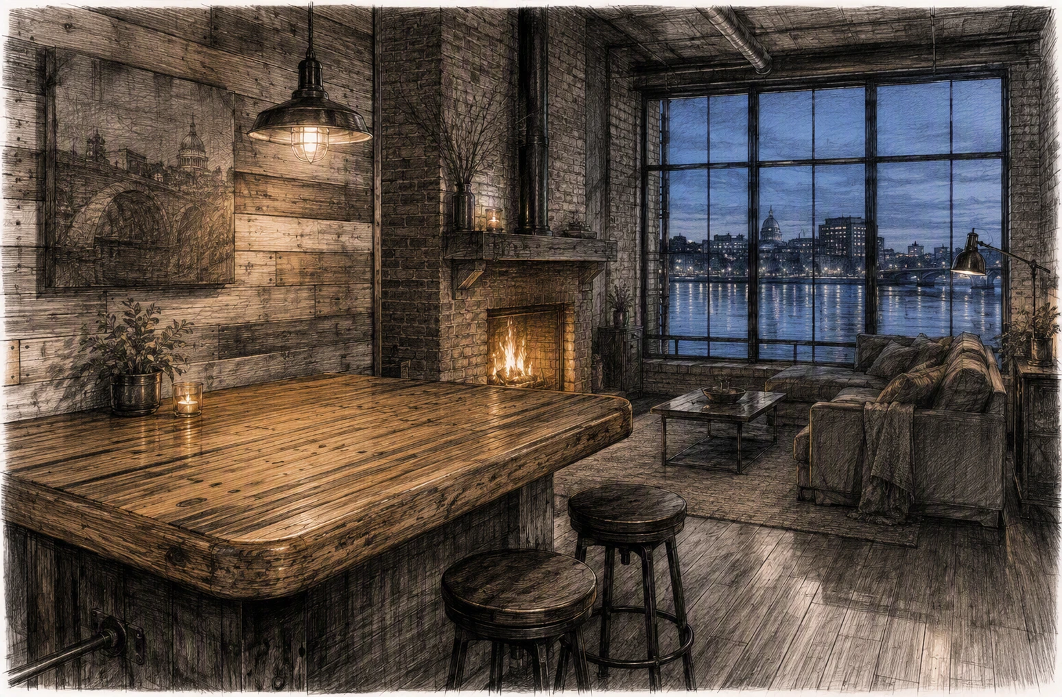 Mesa de bar estilo loft industrial junto a una cálida chimenea