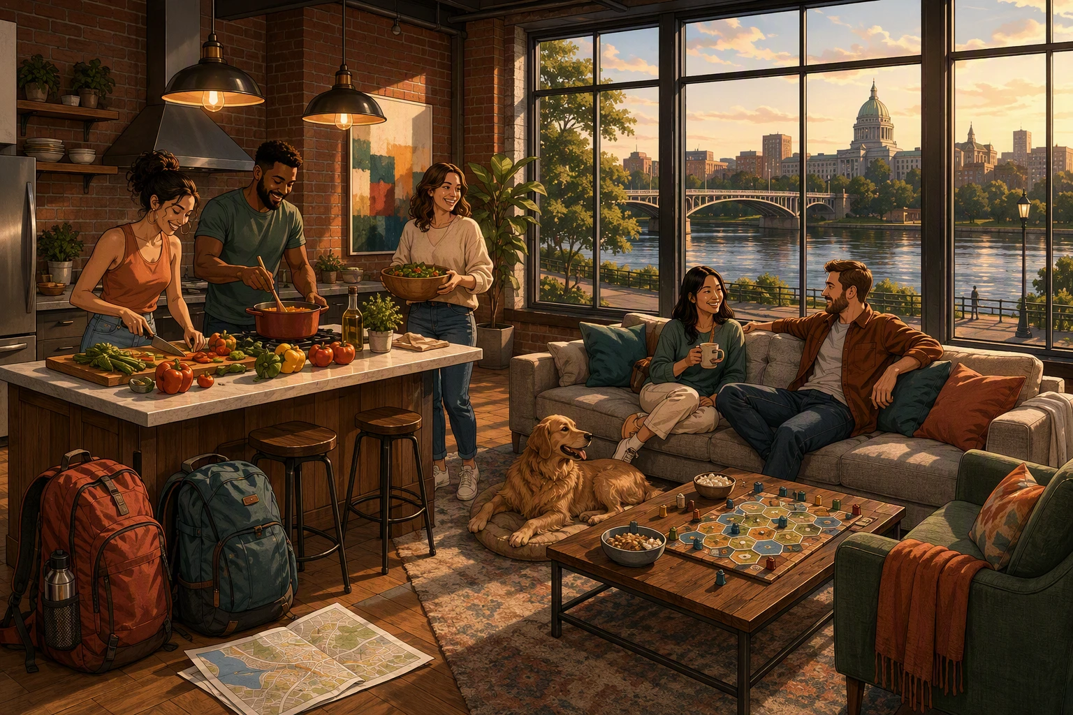 Friends cooking together in a stylish loft