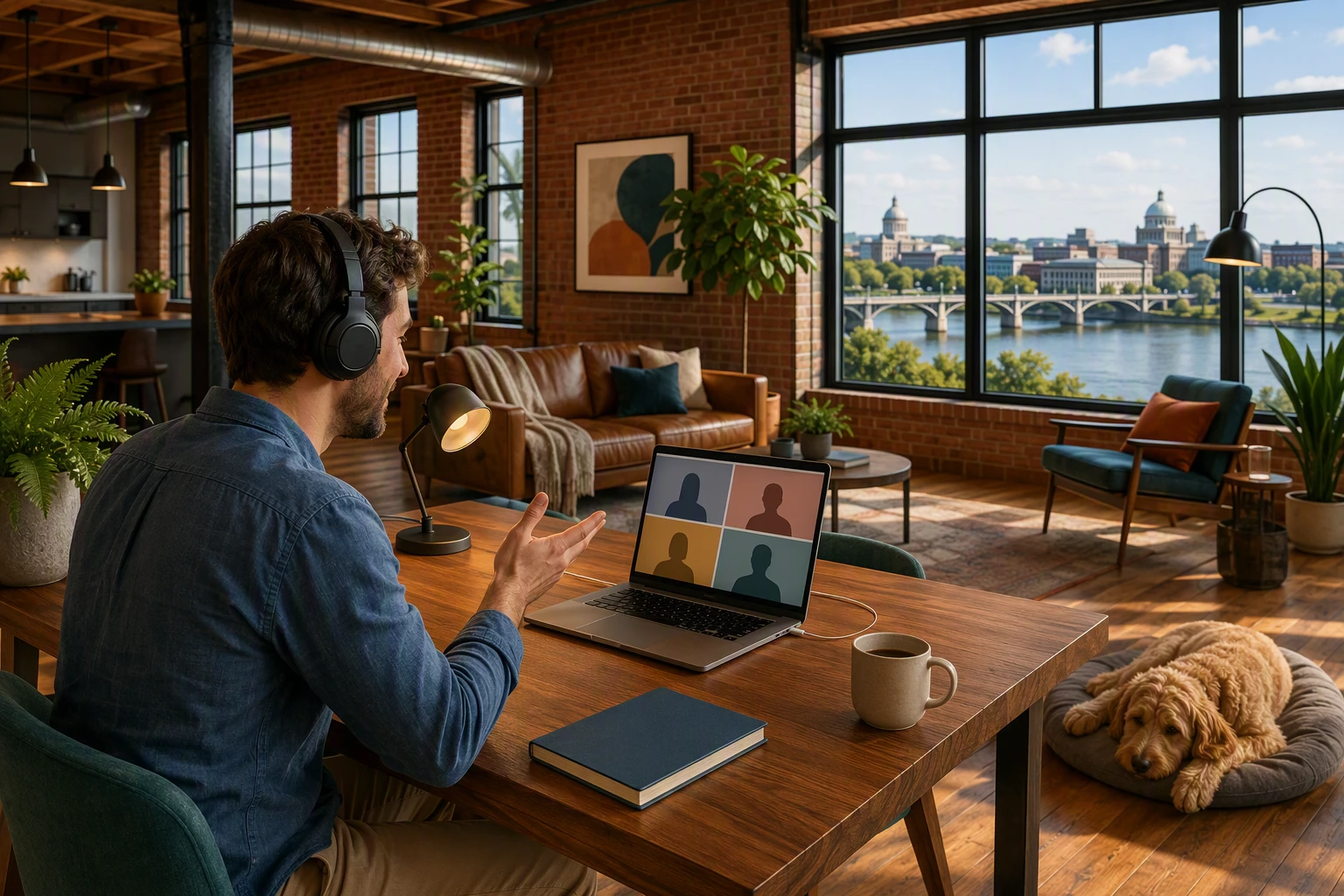 Remote worker on a video call in a cozy Harrisburg loft