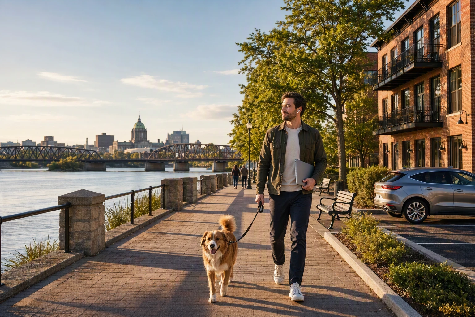 Remote worker walking dog by Harrisburg riverfront