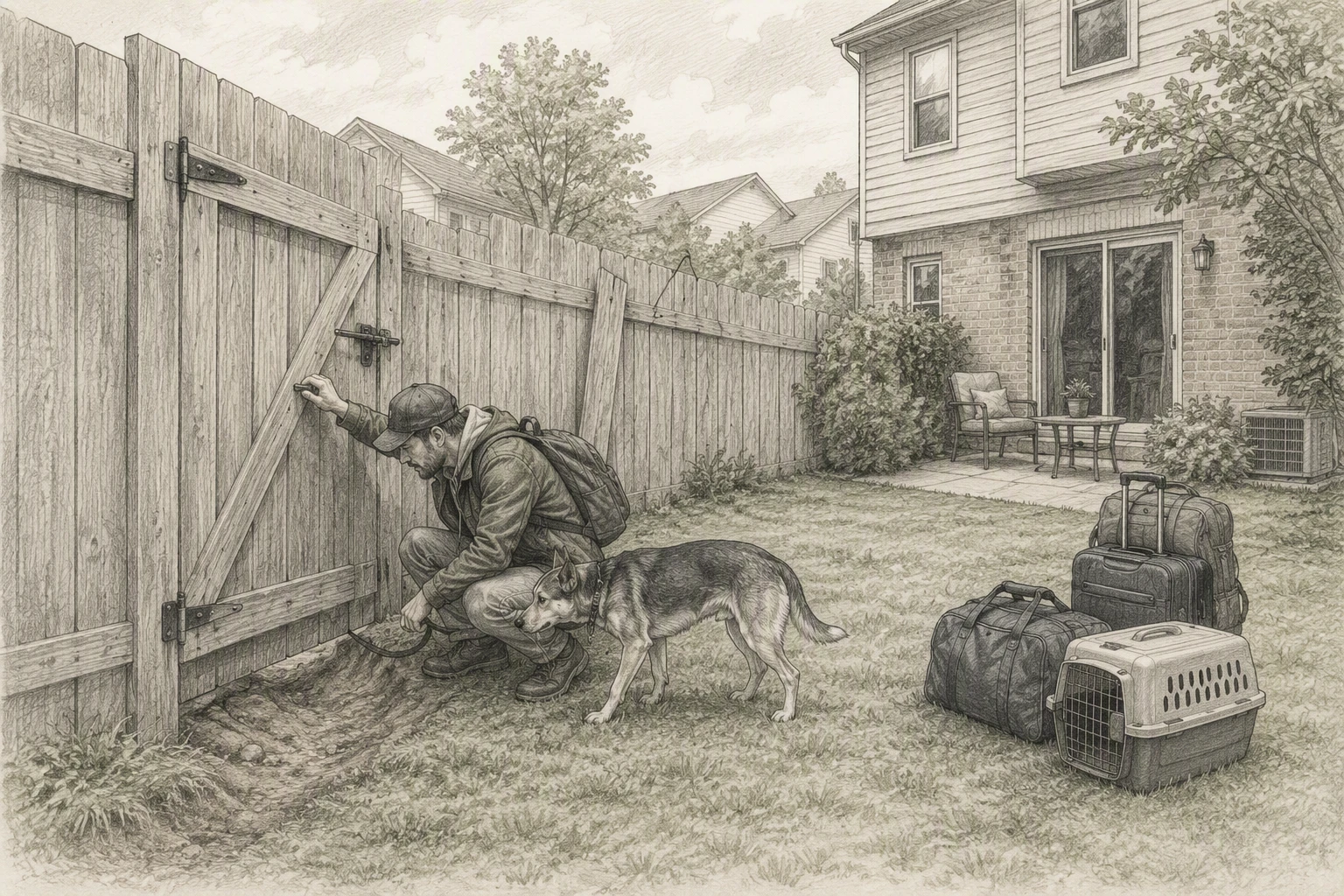 A traveler inspects a fence line and gate