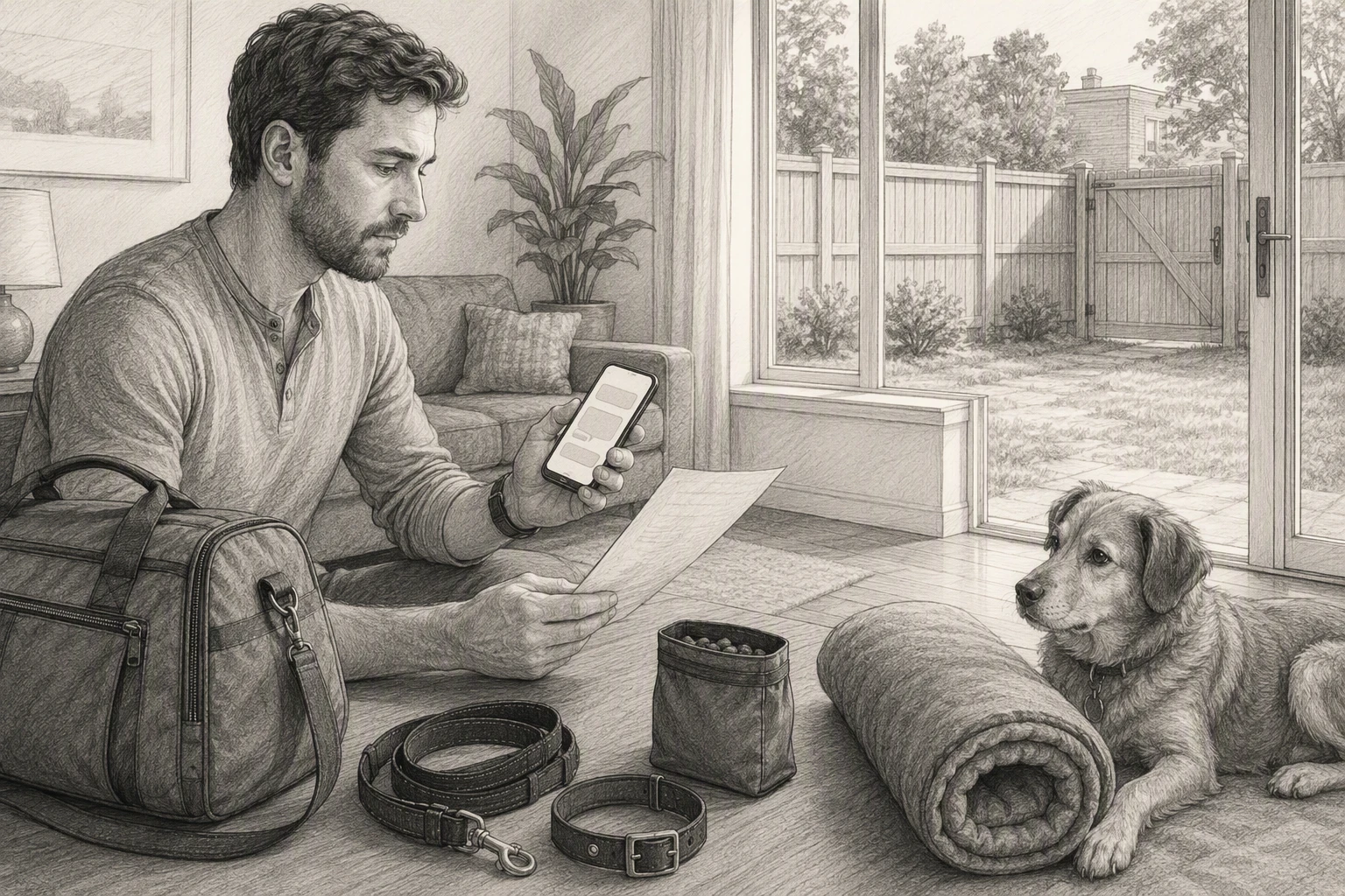 Traveler reading pet policy beside dog bed