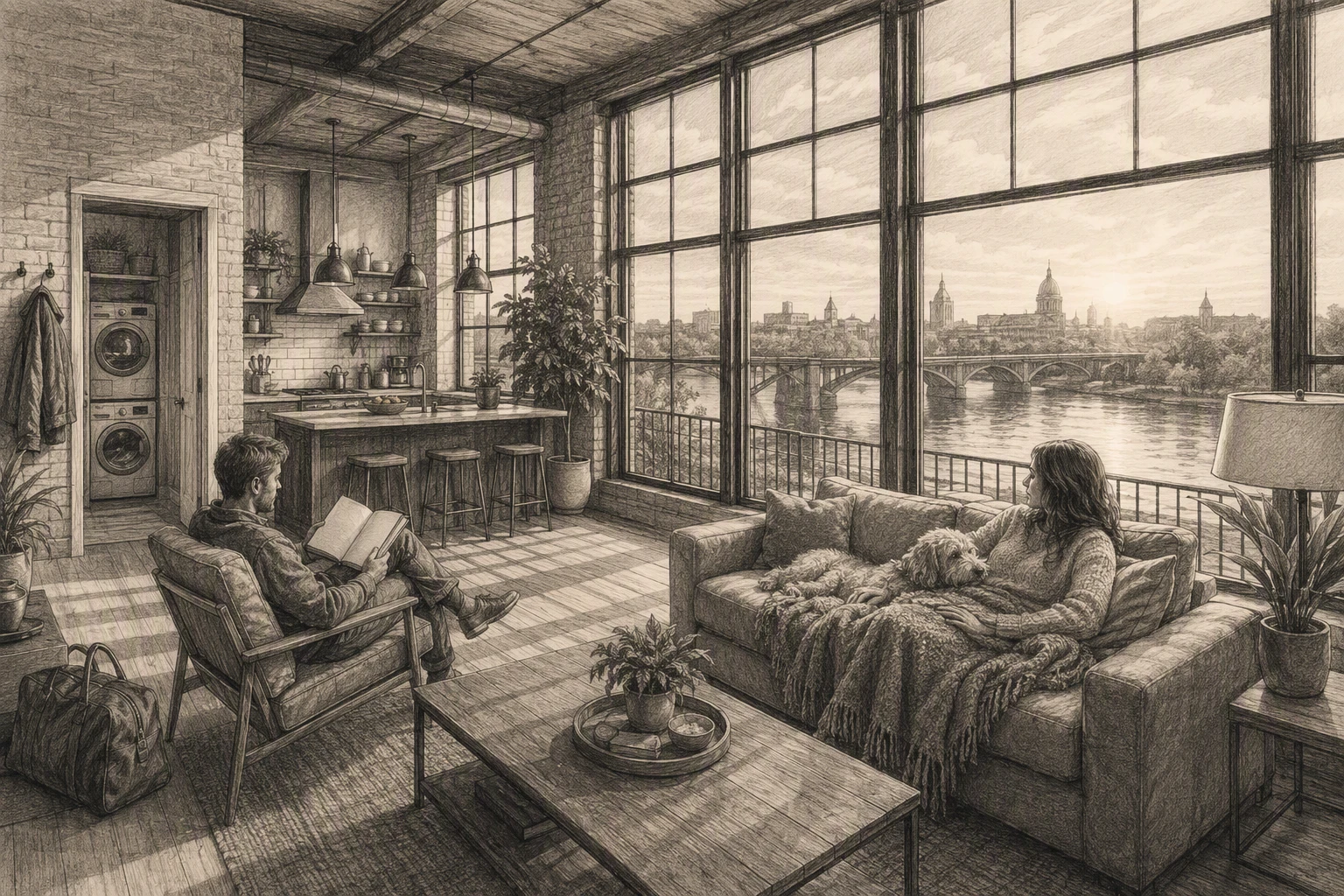 Loft lumineux au bord de l'eau avec des invités qui se détendent
