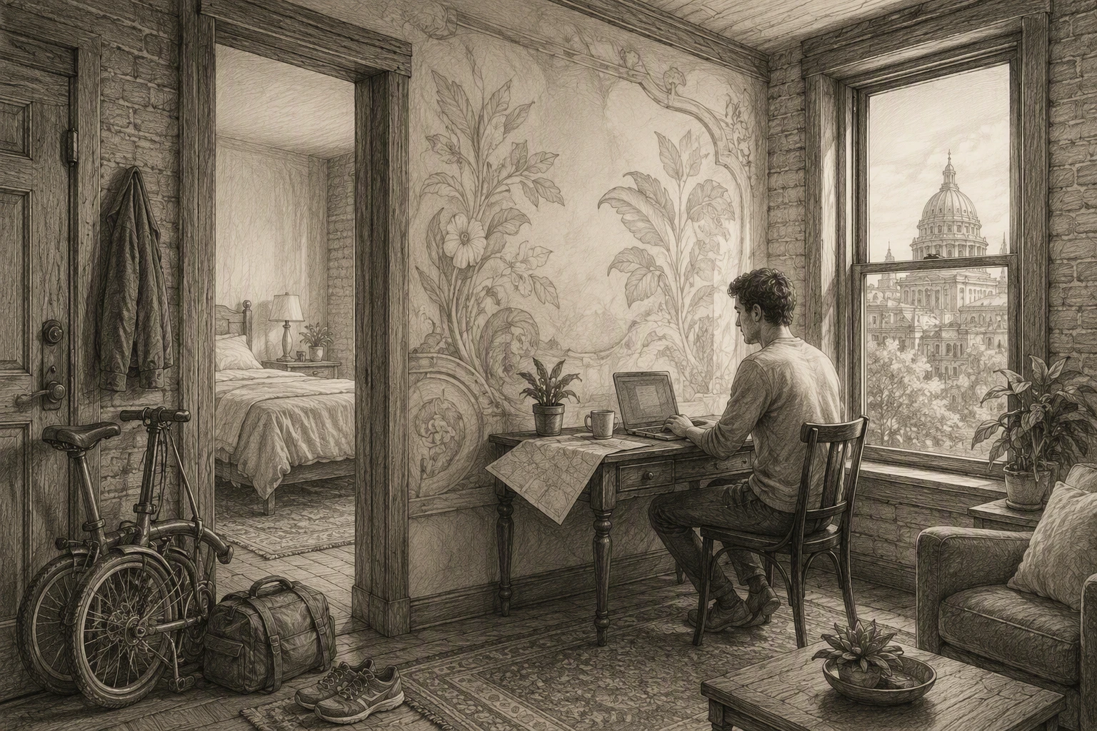 Croquis au crayon d'un voyageur travaillant près d'une fresque de salon préservée dans un loft compact du centre-ville