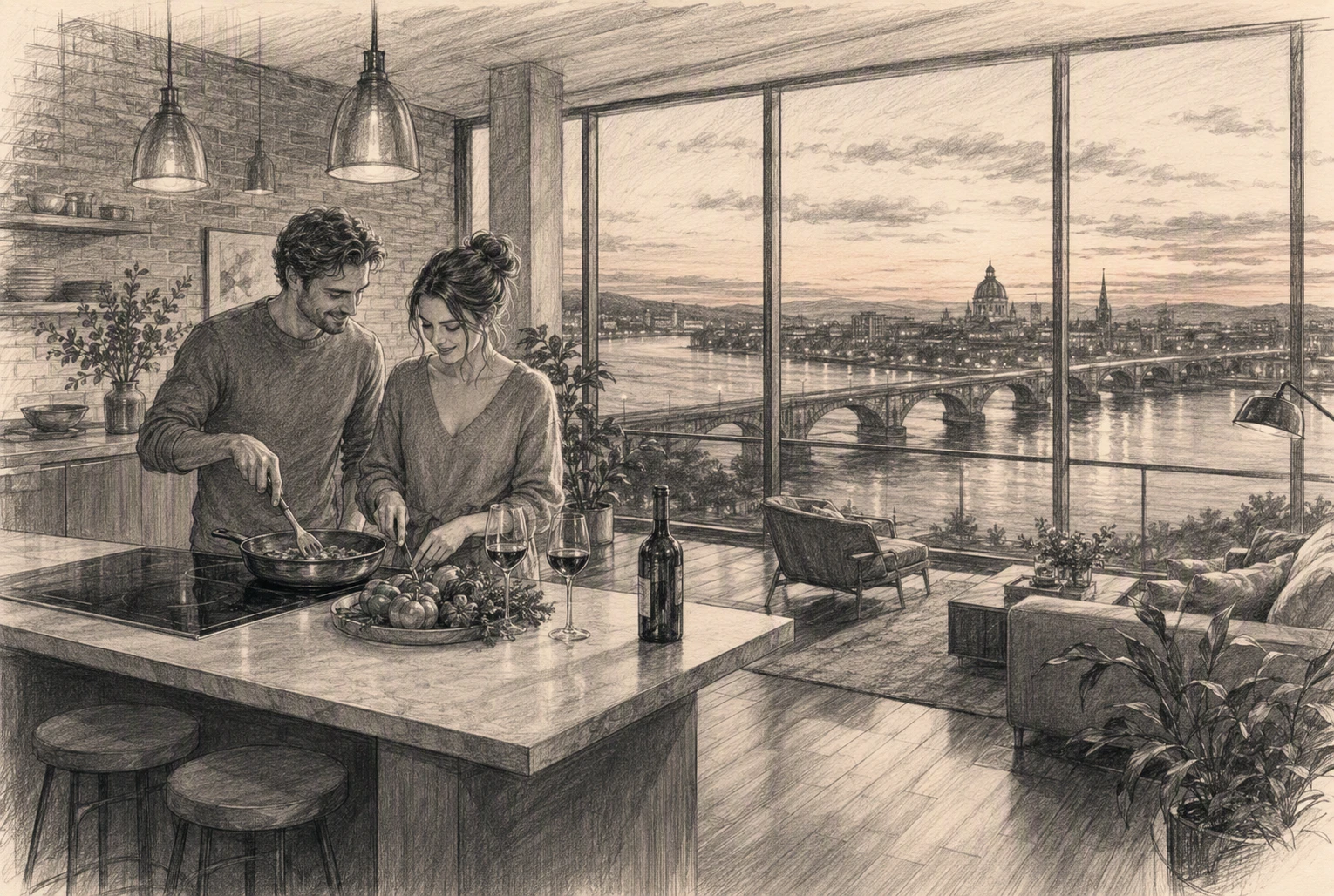 Couple préparant le dîner près des fenêtres panoramiques donnant sur la rivière