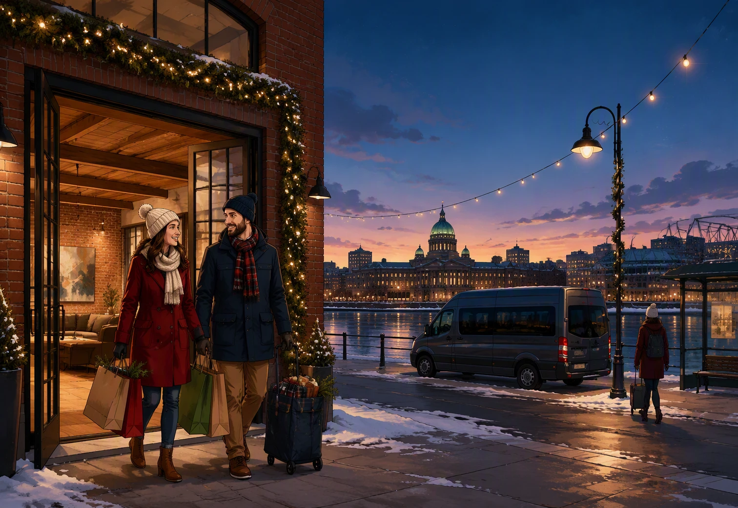Holiday shoppers leaving riverfront loft at dusk
