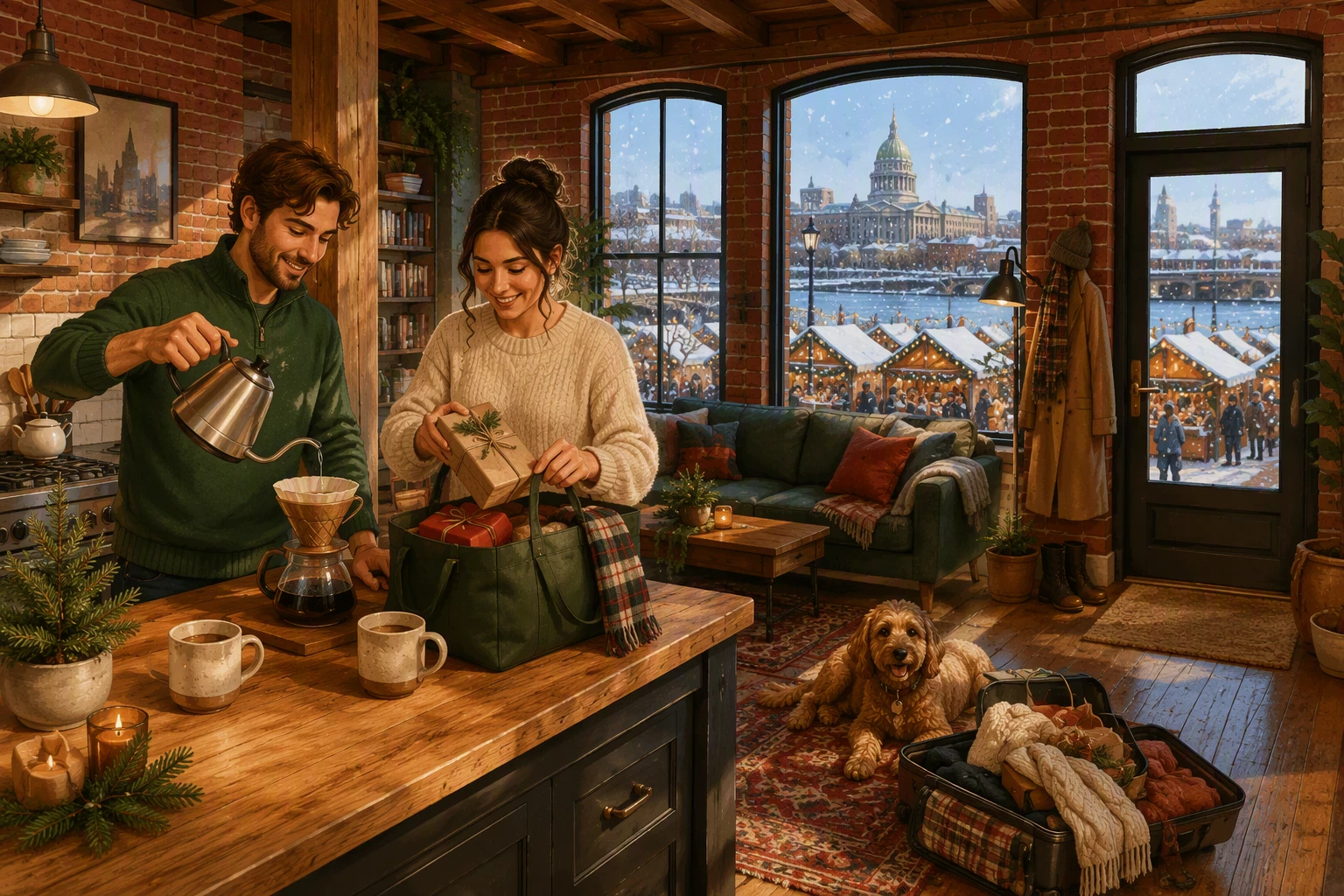 Cozy loft coffee before holiday market stroll