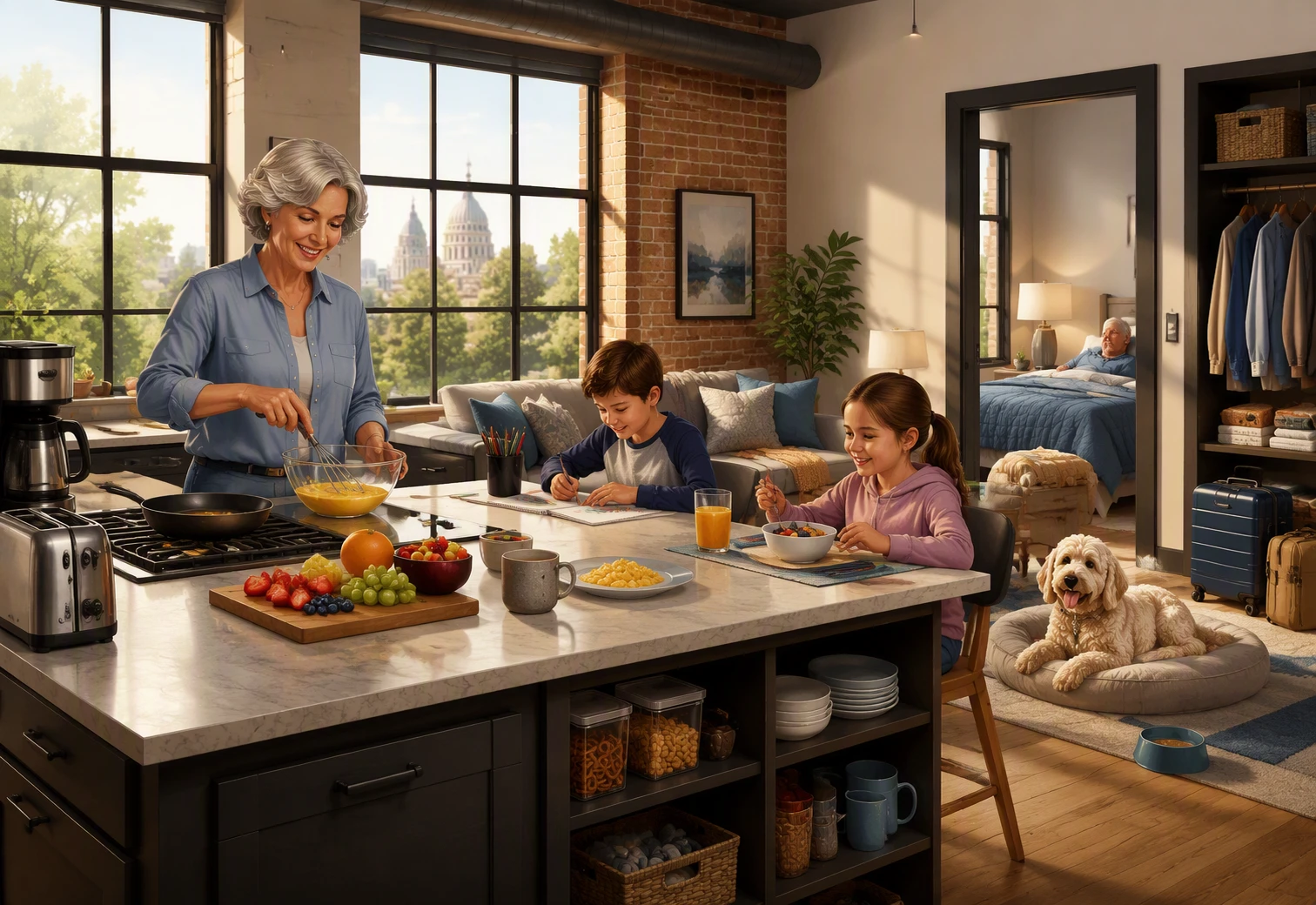 Grandparent cooking as children pet lounge in loft kitchen