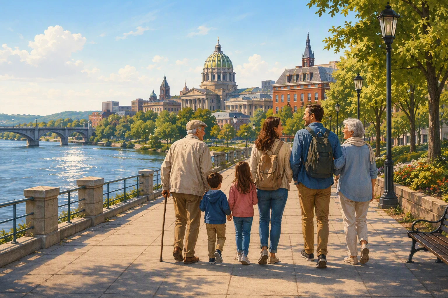Multi-generational family strolling along the riverfront promenade at sunrise