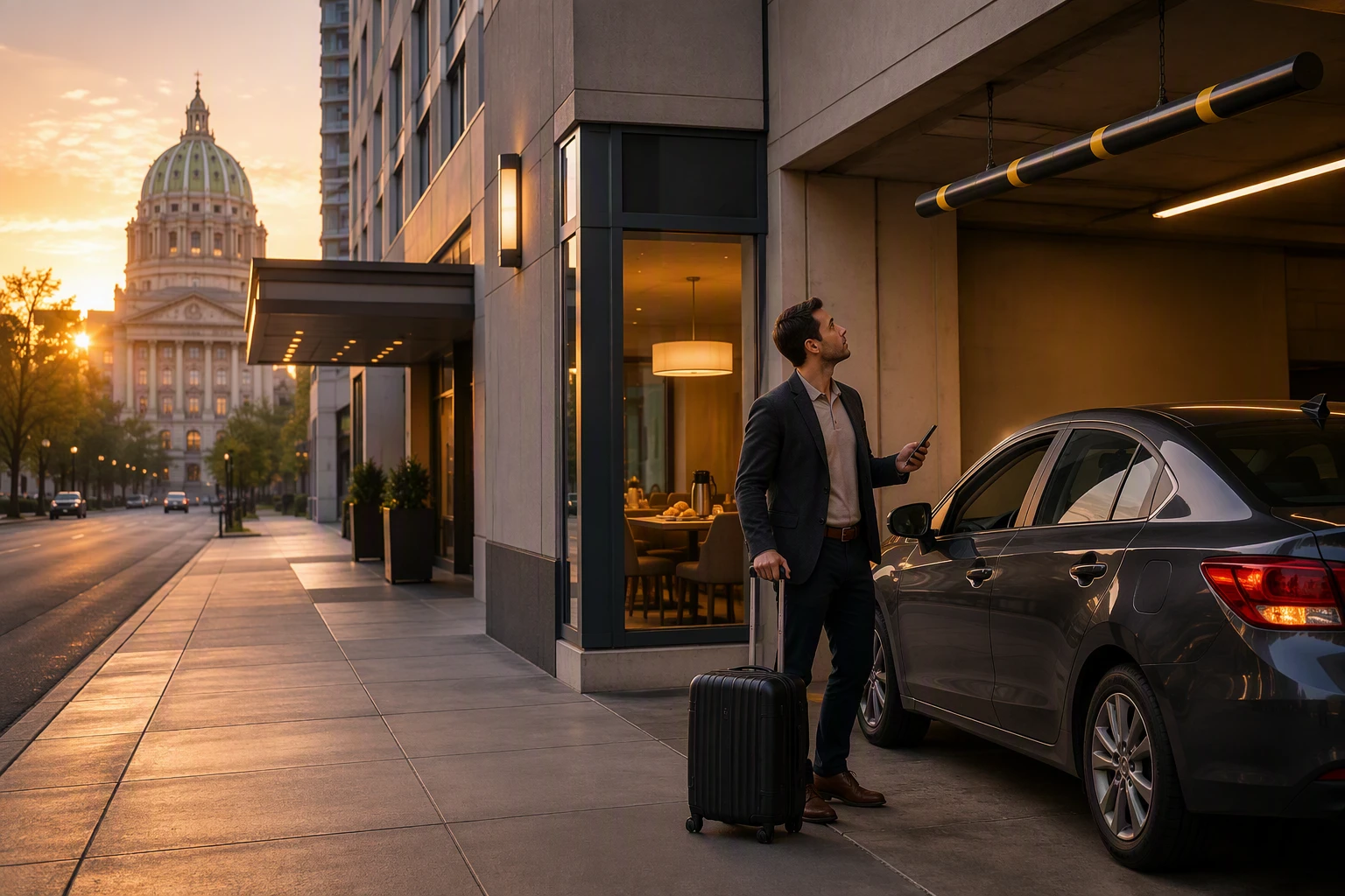 Downtown hotel garage at sunrise with car