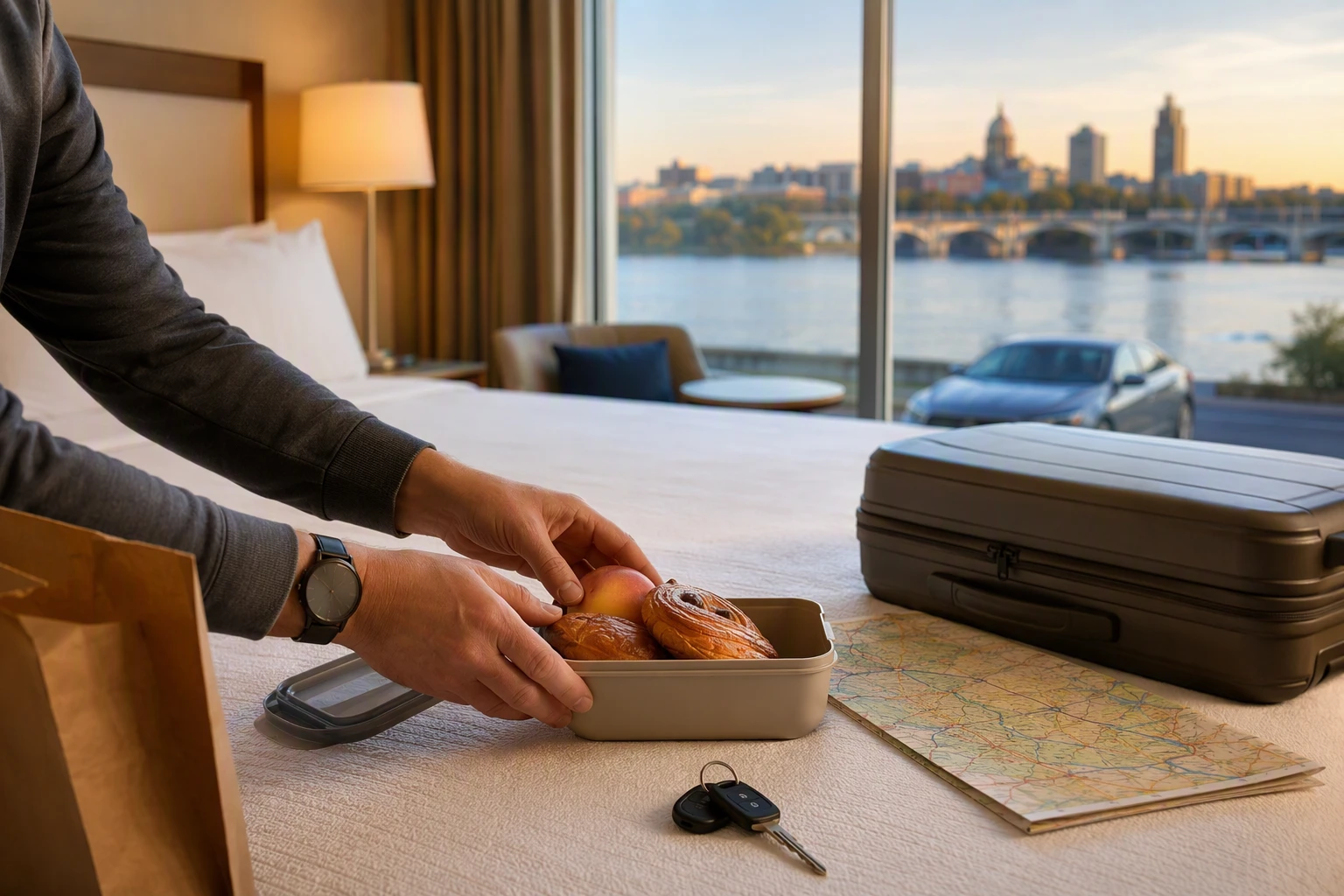 Morning pastries beside hotel room keys