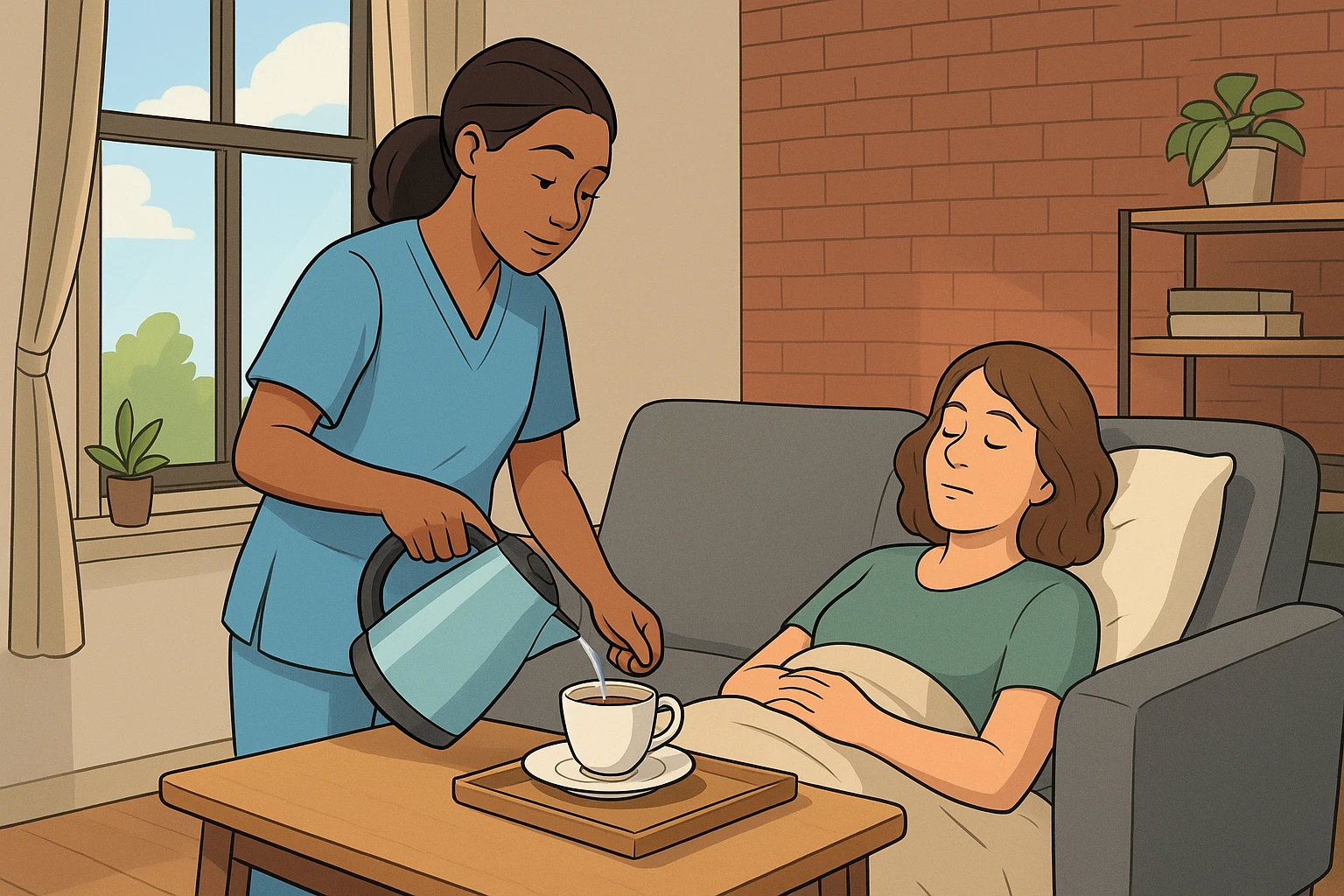 Caregiver pouring tea beside sunlit loft window