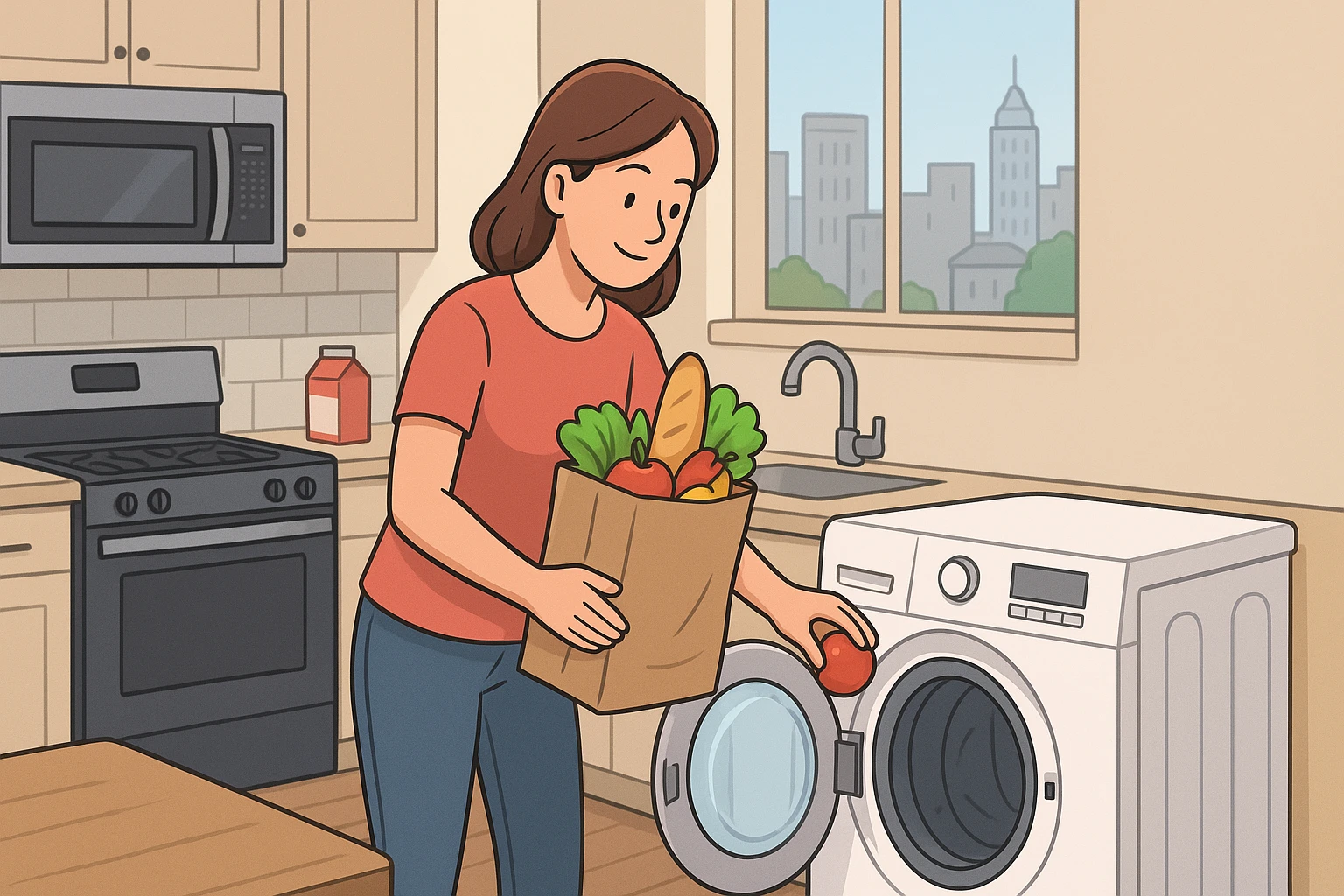 Caregiver loading groceries beside stacked laundry