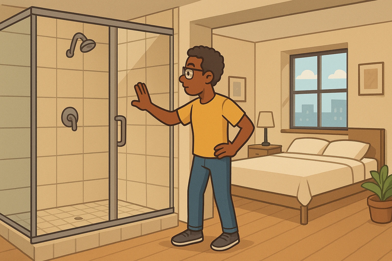 Traveler checking loft shower and ground-level bed