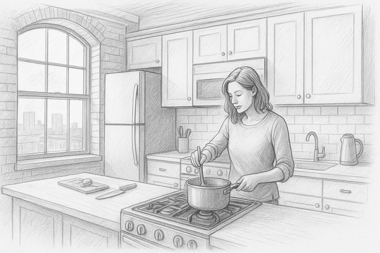 Traveler cooking in bright historic loft kitchen