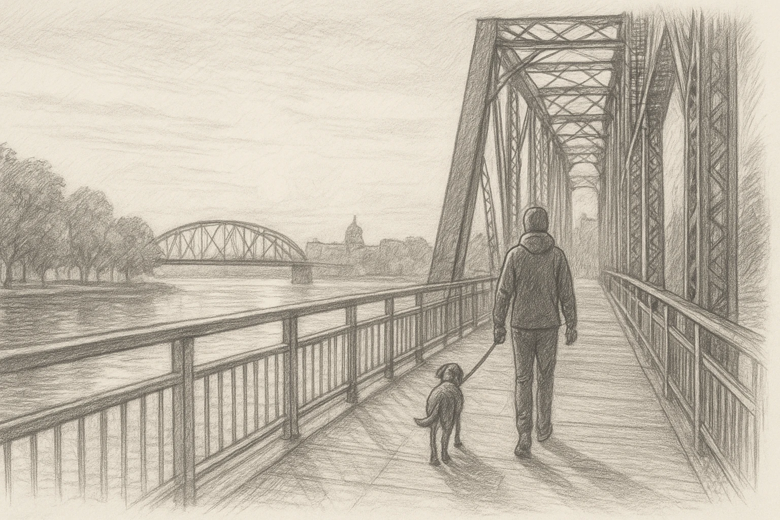 Dog walker crossing bridge at sunrise