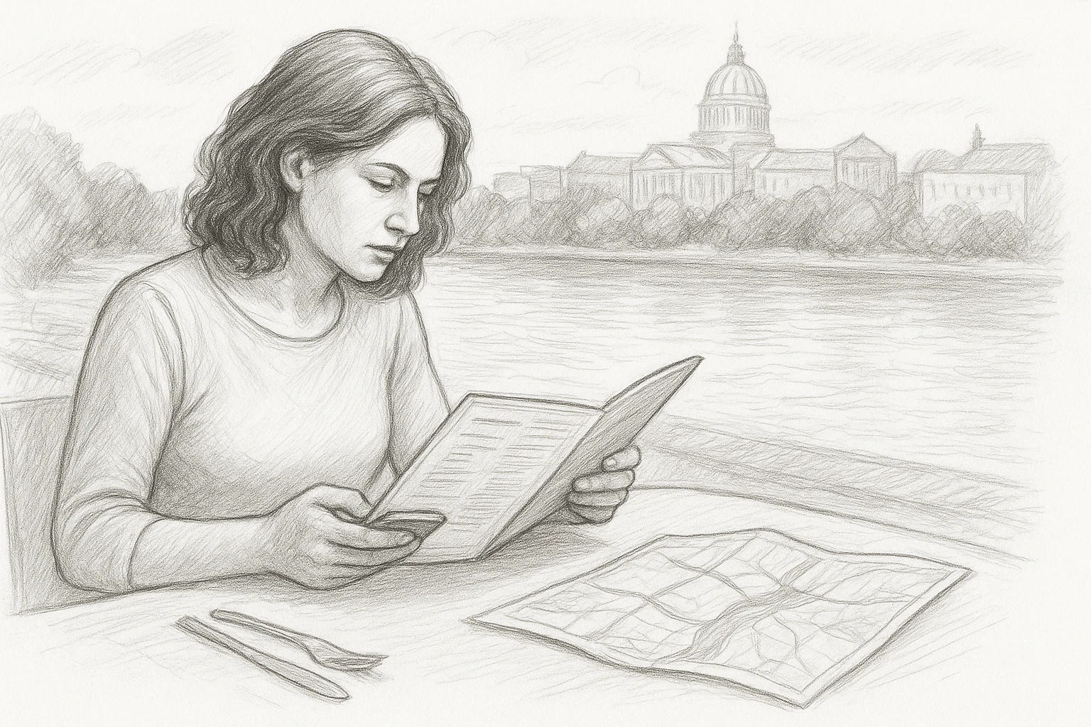 Traveler comparing menus beside riverfront map