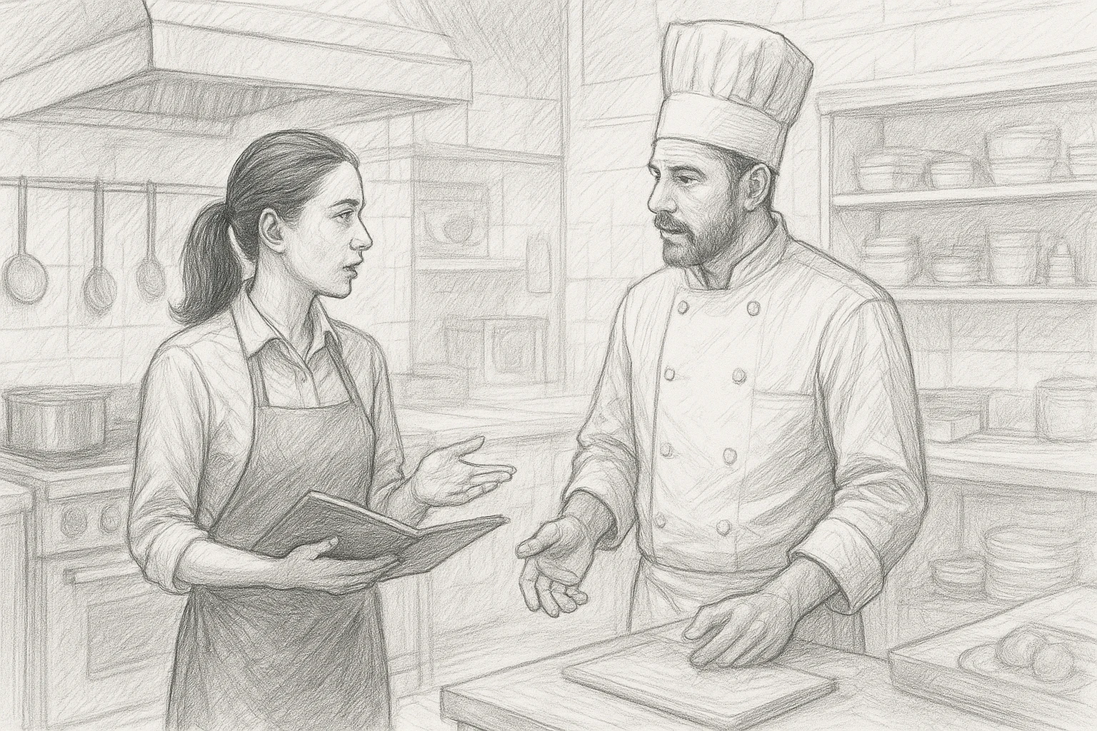 Server and chef reviewing allergen-safe preparation