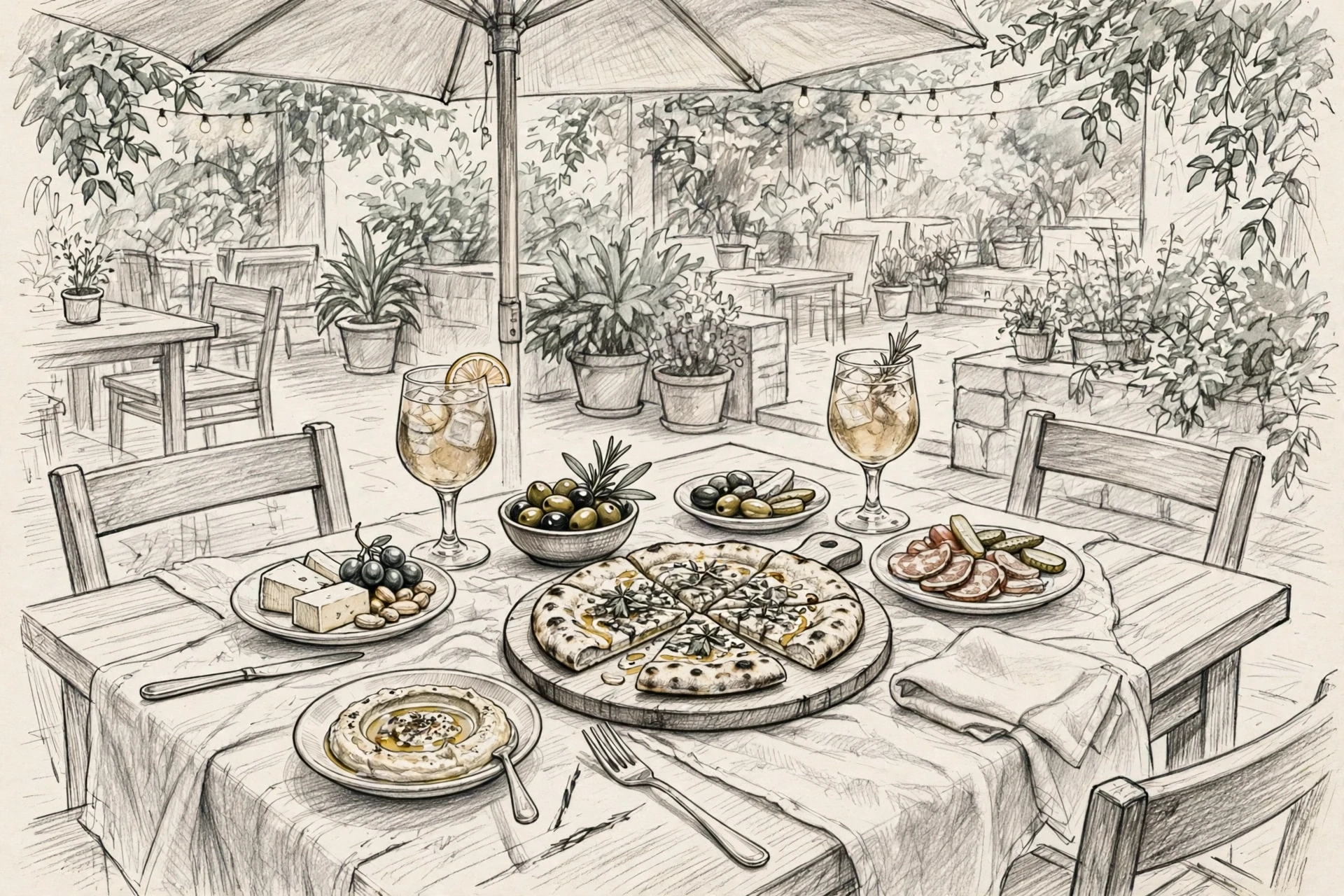 Shaded patio table laden with shared small plates