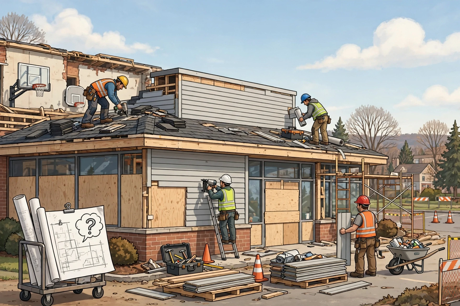 Construction workers renovating former sports building