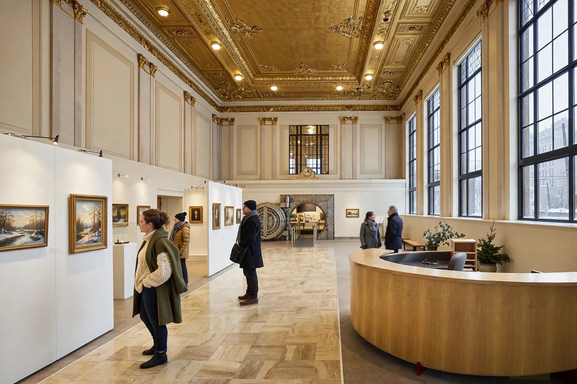Visitors admiring paintings in a historic bank gallery