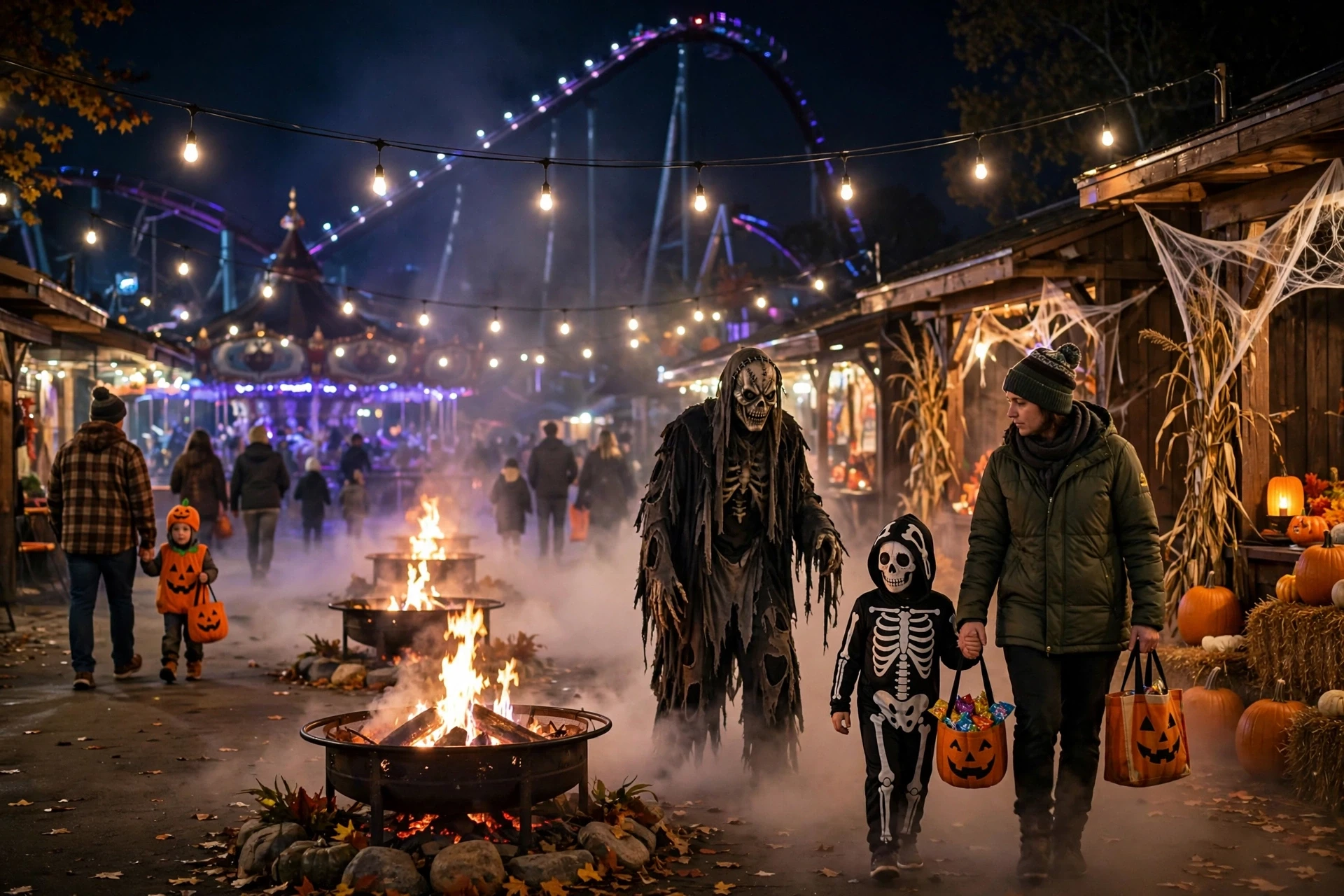 Foggy midway aglow with jack-o-lanterns and costumed crowds