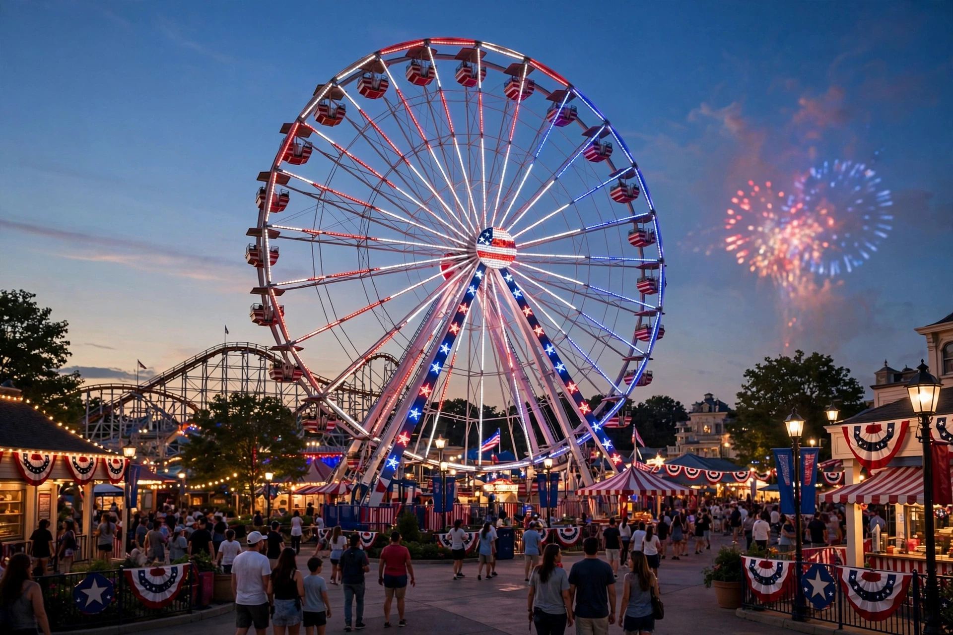 A glowing Ferris wheel in red, white, and blue above a lively amusement park at dusk
