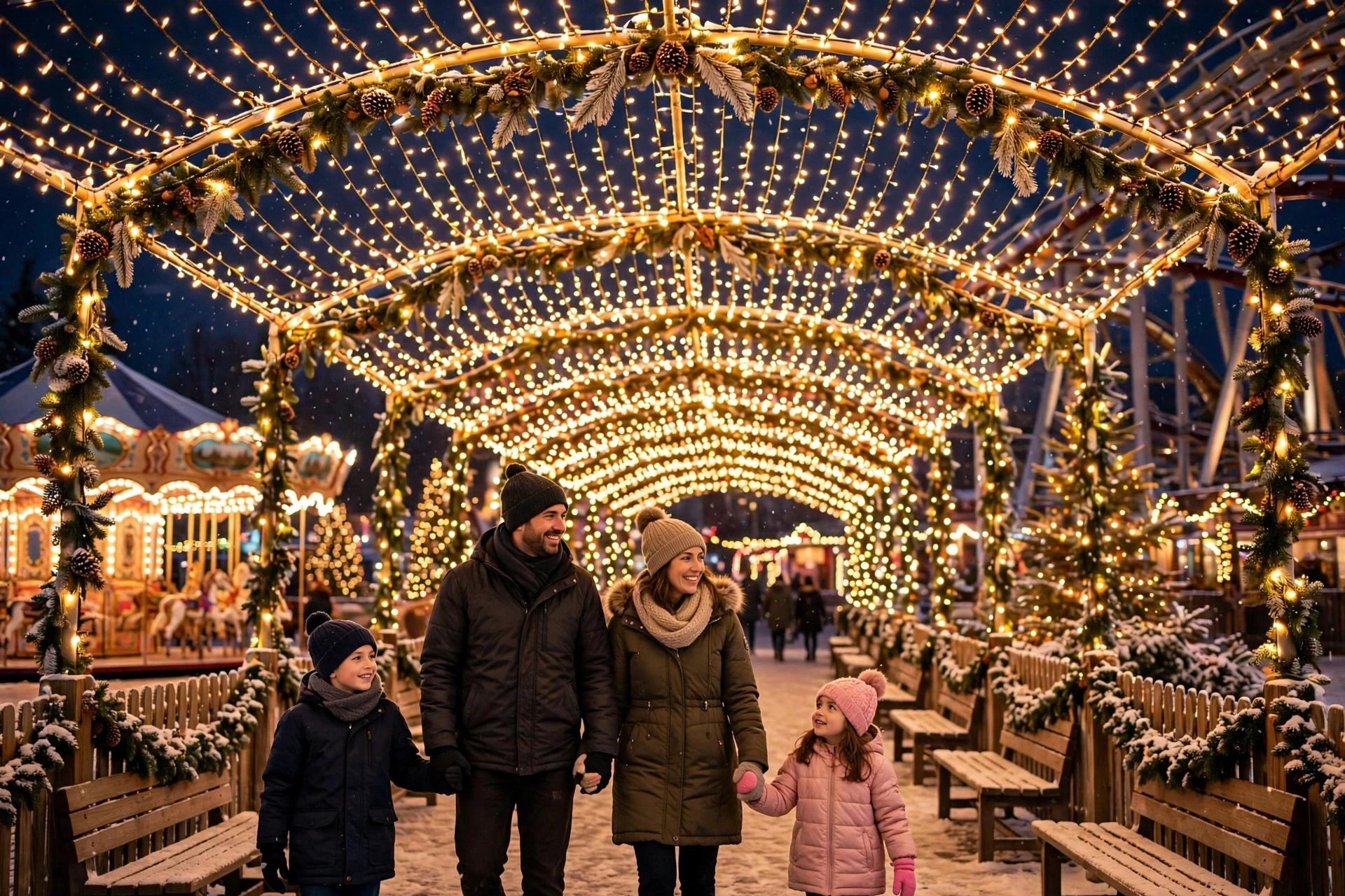 Families walking through glowing holiday light tunnel