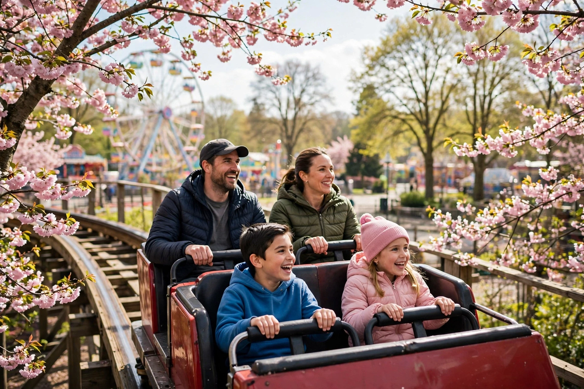 Families riding a coaster past blooming spring trees